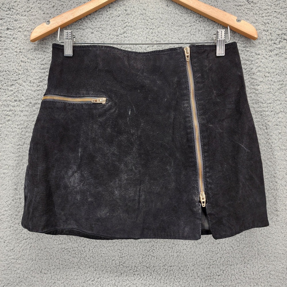 BlankNYC Womens Black Suede Leather Moto Mini Skirt‎ Gold Zipper Size 28